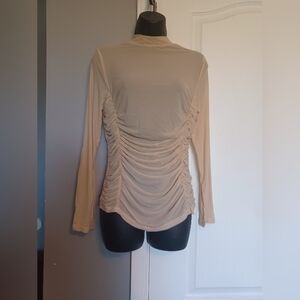 Sheer Apricot/Nude Ruched, Mock Neck Top - M